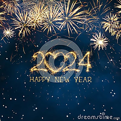 Greeting card Happy New Year 2024 with Golden sparkling text Stock Photo