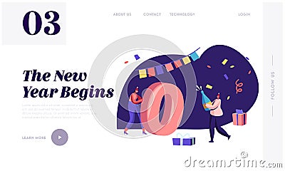 2020 Greeting Card for Happy New Year Celebration Website Landing Page . Tiny Woman Rolling Huge Zero Number Vector Illustration