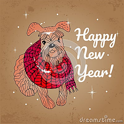 Greeting card for Happy New Year with a dog. Vector Illustration