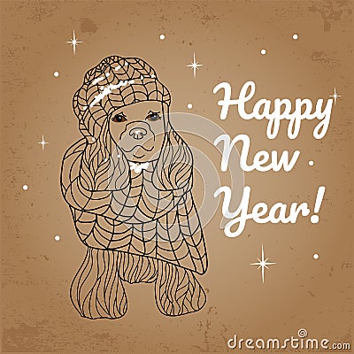 Greeting card for Happy New Year with a dog. Vector Illustration