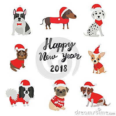 Greeting card for 2018. Happy new year. Dogs in costumes Santa Claus Vector Illustration