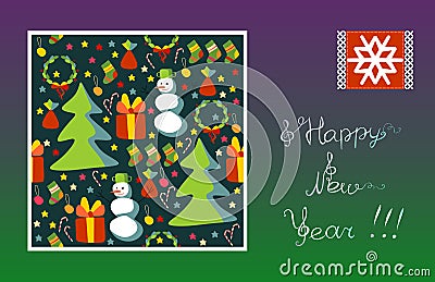 Greeting card Happy New Year! Snowflake, snowman, Christmas tree, gift, stars. Vector Illustration