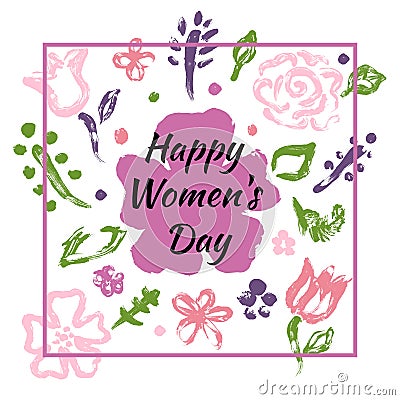 Greeting card Happy Women`s Day. Set flowers, leaves, herbs painted with finger paints. Handmade Cartoon Illustration