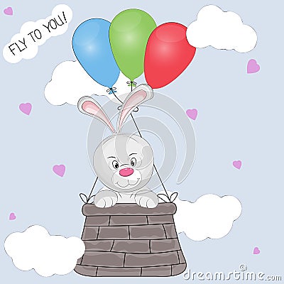 Greeting card the hare cub flies in a basket tied to balloons. Vector Illustration