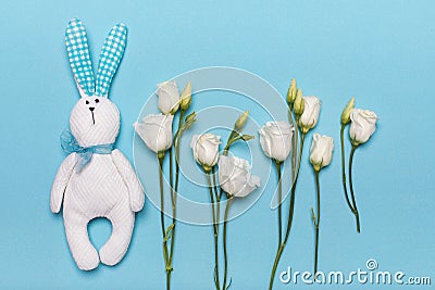 Greeting card with hare rabbit and fresh lisianthus flowers, birthday, March 8, women day, Valentine day, February 14 Stock Photo
