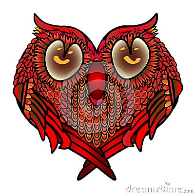 Greeting card with heart - settled cute owl in love, Valentine s day or wedding congratulations. Vector Illustration