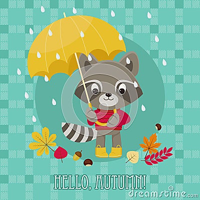 Greeting card Hello autumn with raccoon Vector Illustration