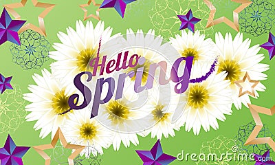 Greeting card Hello spring with stars, flowers. Vector illustration. - Images vectorielles Vector Illustration