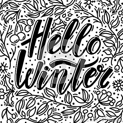 Greeting card with Hello Winter text and doodles Vector Illustration
