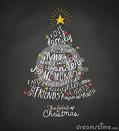 Greeting card with inspiring handwritten words in Christmas tree shape Vector Illustration