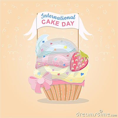 Greeting card for international cake day, tasty cupcake with strawberries on vector background Vector Illustration