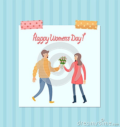 A man gives a woman a bouquet of tulips. Vector Illustration