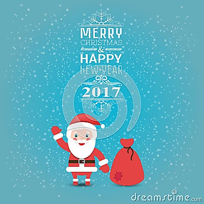 Greeting card or invitation Merry Christmas and happy new year 2017 with Santa claus and bag with gifts. Vector illustration flat Vector Illustration