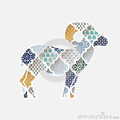 Greeting card, invitation with silhouette of ornamental sheep. Colorful Moroccan, arab pattern tiles fill. Eid al Adha Vector Illustration