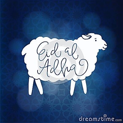 Greeting card, invitation with silhouette of white sheep, hand-lettered text. Vector illustration, arabic ornamental Vector Illustration