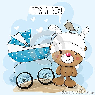 Greeting card its a boy with baby carriage Vector Illustration