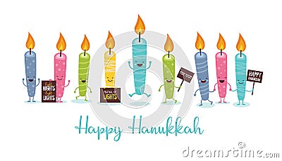 Greeting card for jewish holiday of Hanukkah. Funny Hanukkah candle characters holding signs with greetings in Hebrew Vector Illustration