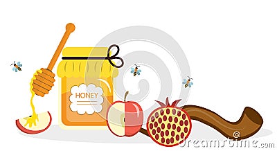 Greeting card for the Jewish New Year Rosh Hashanah, Shana Tova. Rosh Hashanah greeting card. Honey and apples, pomegranates Vector Illustration