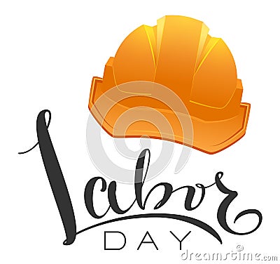 Greeting card labor day text and yellow helmet Vector Illustration