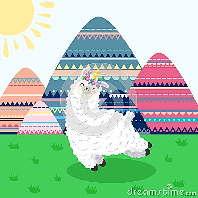 Greeting card with lama unicorn and mountain cartoon landscape. Template for printing, web design, postcard Vector Illustration