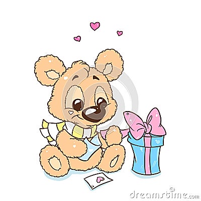 Greeting card little kind teddy bear gift surprise love illustration cartoon Cartoon Illustration