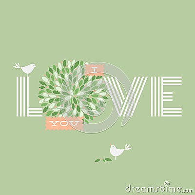 Greeting card with love lettering and two pretty birds. Vector i Vector Illustration