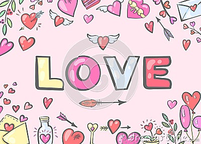 Greeting Card `Love` with romantic doodle Vector Illustration