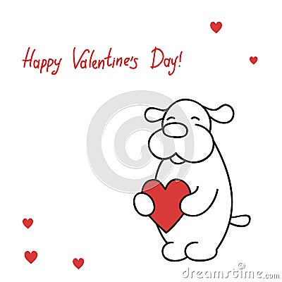 Greeting card Lovely puppy holds heart for the day St. Valentine Stock Photo