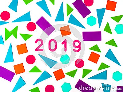 2019, Greeting card. Memphis geometric bright style for Happy New Year or Merry Christmas. Holiday background, banner, poster.Pun Stock Photo