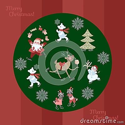 Greeting card Merry Christmas. Cute Santa Claus juggling gifts, polar bears, christmas tree, little raccoons, snowman and reindeer Vector Illustration