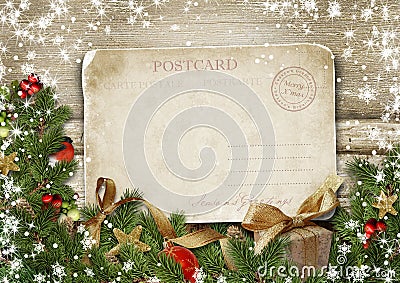 Greeting card Merry Christmas with decorations and vintage postc Stock Photo