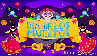 Greeting card for mexican holiday dia de los muertos festival with colourful lettering and dancing skeleton characters Vector Illustration