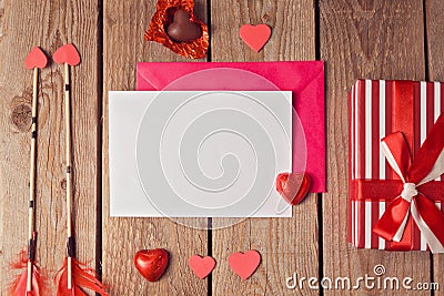 Greeting card mock up template for Valentine's day on wooden background. View from above Stock Photo