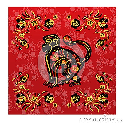 greeting card monkey with red and yellow in ethnic Russian style, symbol of the year, vector illustration Vector Illustration