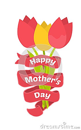 Greeting card for Mother's Day. Tulip bouquet in flat design. Stock Photo