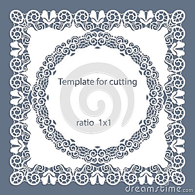 Greeting card with openwork border, paper doily under the cake, template for cutting, wedding invitation, decorative plate is lase Vector Illustration