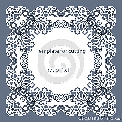 Greeting card with openwork border, paper doily under the cake, template for cutting, wedding invitation, decorative plate is lase Vector Illustration