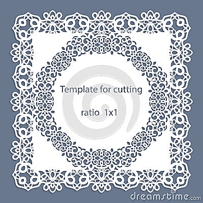 Greeting card with openwork border, paper doily under the cake, template for cutting, wedding invitation, decorative plate is lase Vector Illustration