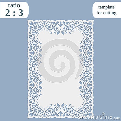 Greeting card with openwork border, rectangular paper doily, template for cutting, wedding invitation, decorative plate is laser Vector Illustration