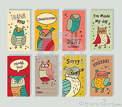 Greeting card owls and signs set. Vector Illustration