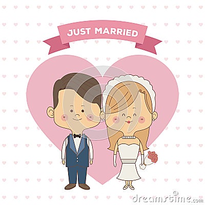 Greeting card pattern of hearts of just married couple bride with blonded hair and groom Vector Illustration