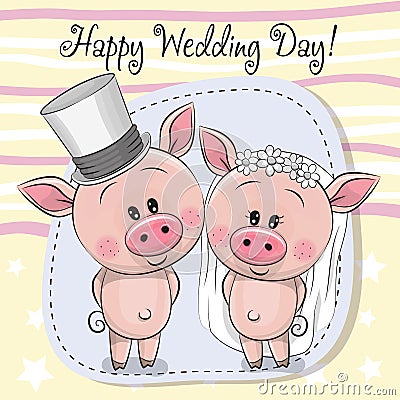 Greeting card Piggy Bride and Piggy groom Vector Illustration