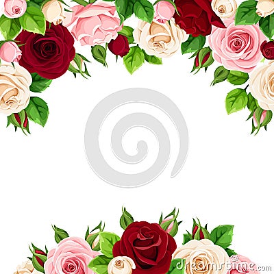 Greeting card with pink, burgundy and white roses flowers. Vector illustration. Vector Illustration