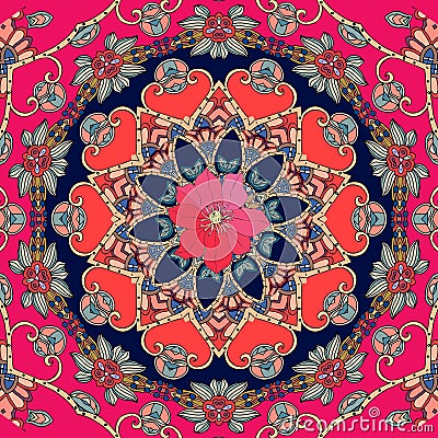 Greeting card, poster, square rug with cute red clematis on flower - mandala. Vector Illustration