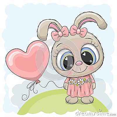 Rabbit girl with balloon on the meadow Vector Illustration