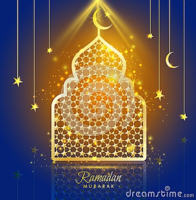 Greeting Card Ramadan Kareem design with silhouette mosque Vector Illustration