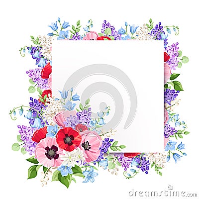 Greeting card with red, pink and purple flowers. Vector illustration. Vector Illustration