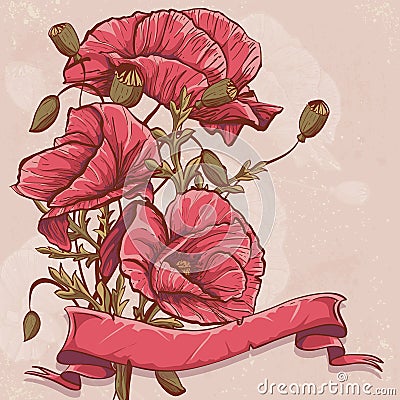 Greeting card with red poppies and ribbons Vector Illustration