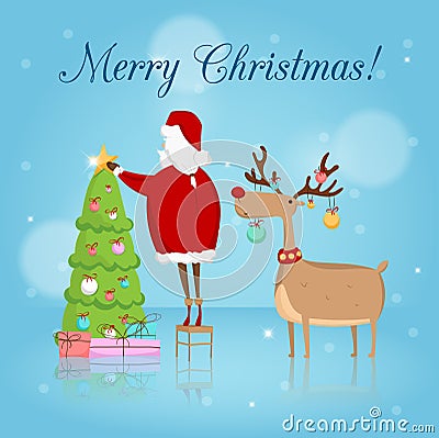 Vector Greeting card with Santa Claus, Christmas tree and reindeer Vector Illustration