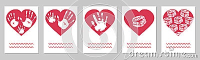 Greeting card, set. Handprints of family, imprint of palm hand of mother, father and baby, imprint of lips in red heart shape. Vector Illustration